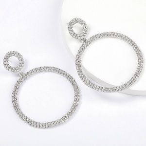 New Silver Rhinestone Hoop Dangle Earrings